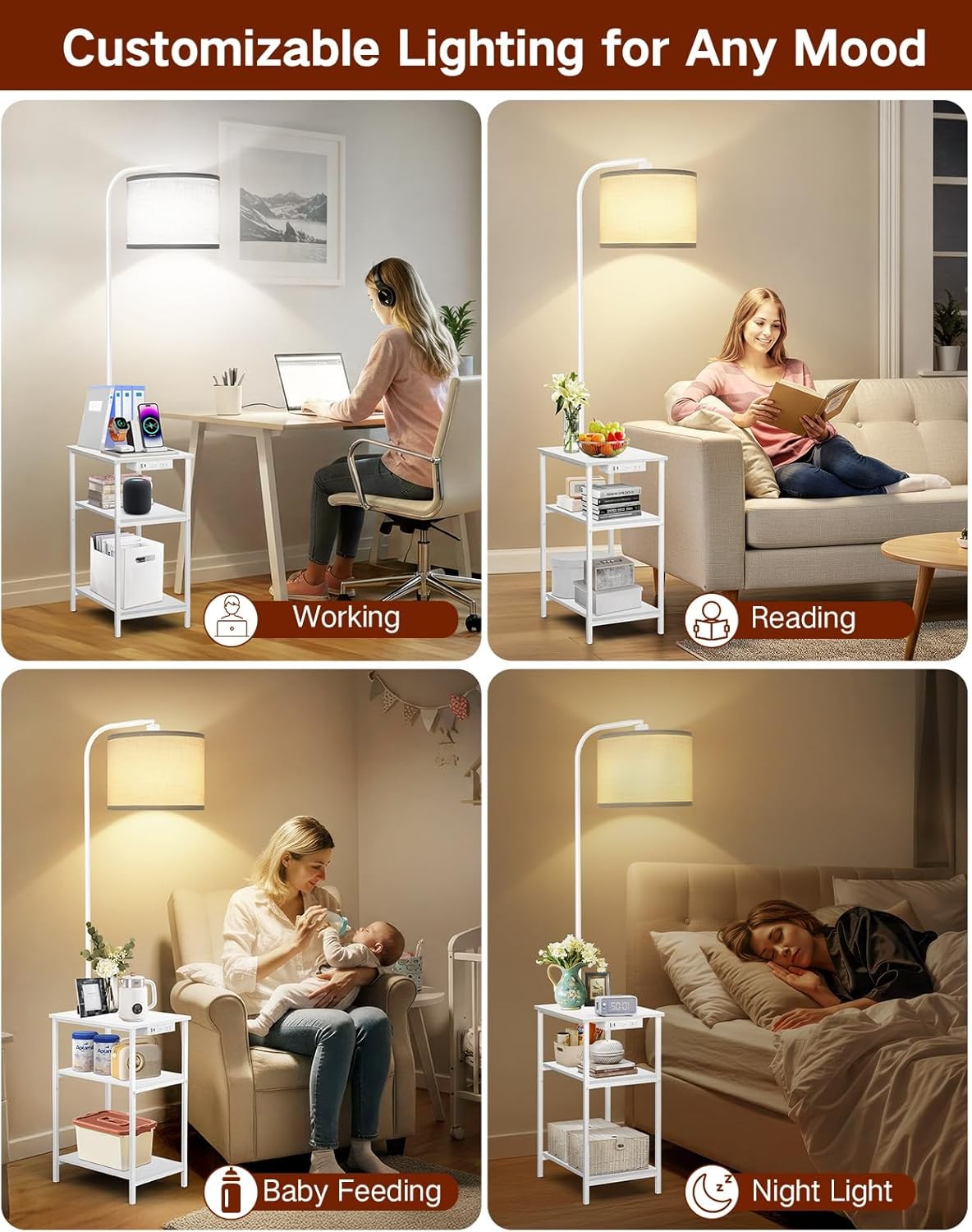 Floor Lamp with Table Remote Charging Station Dimmable LED Nightstand White