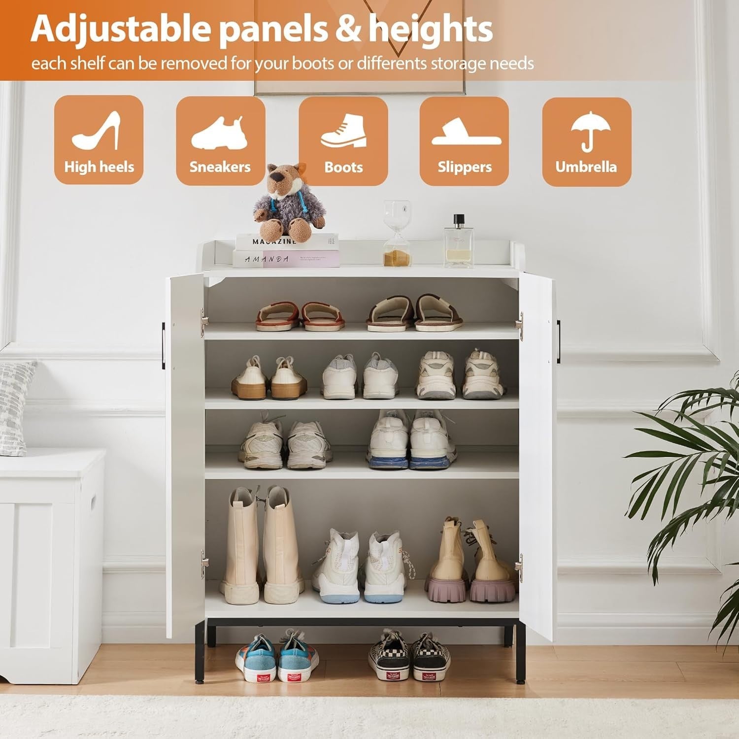 Modern White Shoe Cabinet with 5 Adjustable Shelves, Anti-Tip Safety, 68x37x100c