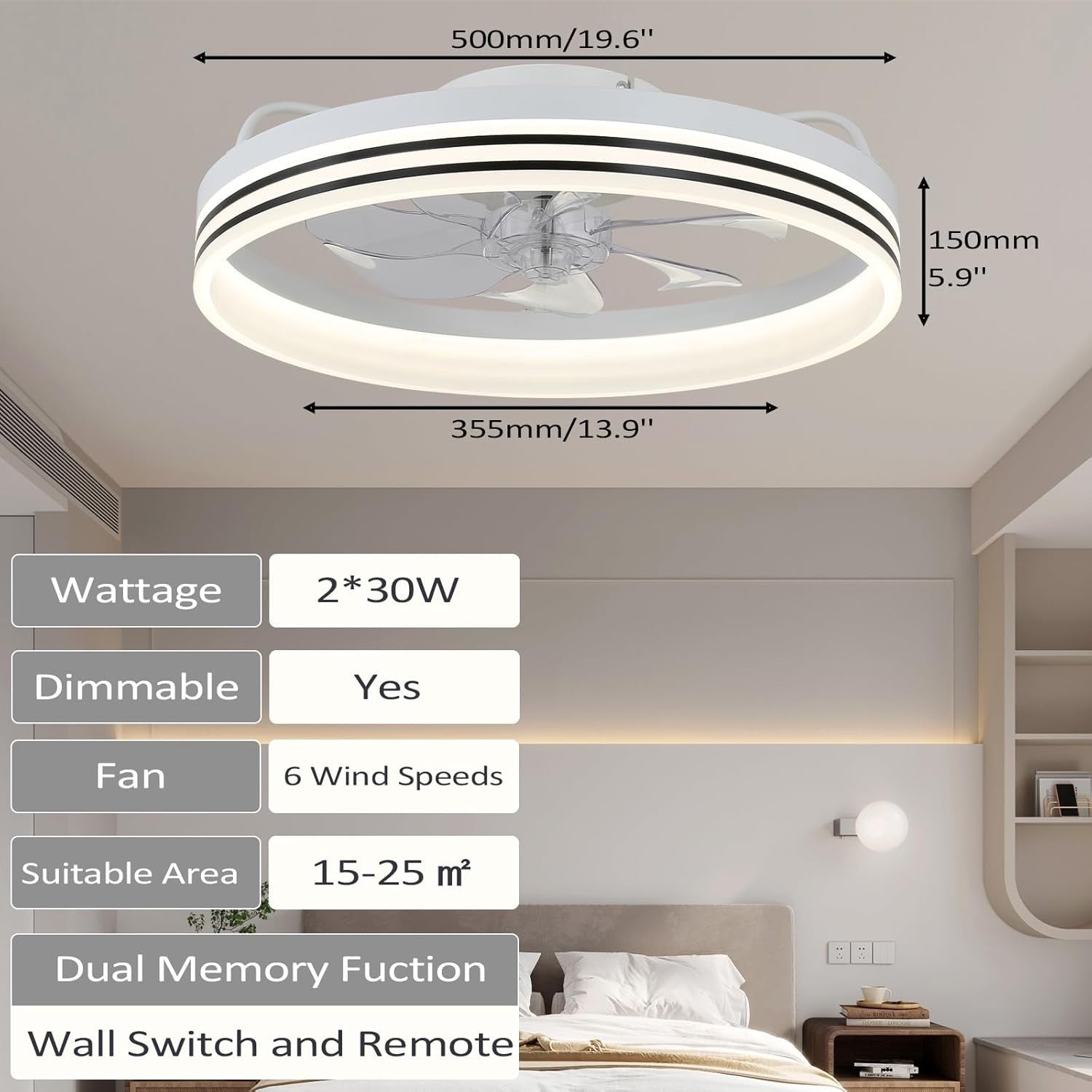 Ceiling Fan with Light, 6 Speeds, Dimmable, Reversible, 20" White