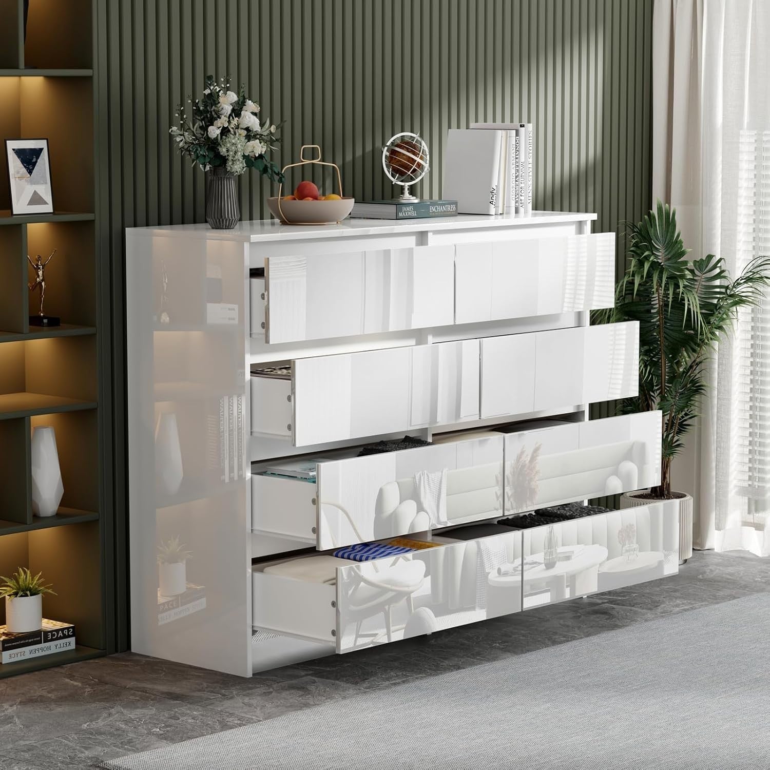 White Gloss 8 Drawer Chest Wide Tall Bedroom Storage Unit Modern 120cm
