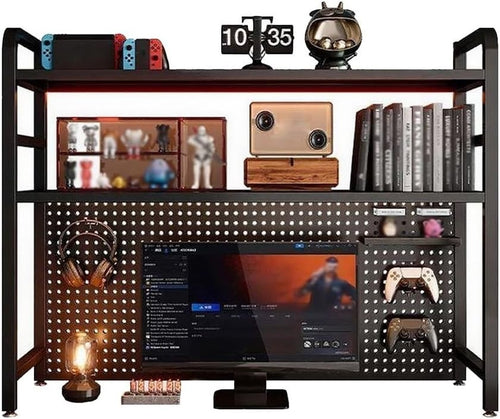 2-Tier Desk Bookshelf Organizer w/ Pegboard | Black Metal Desktop Shelf 75cm
