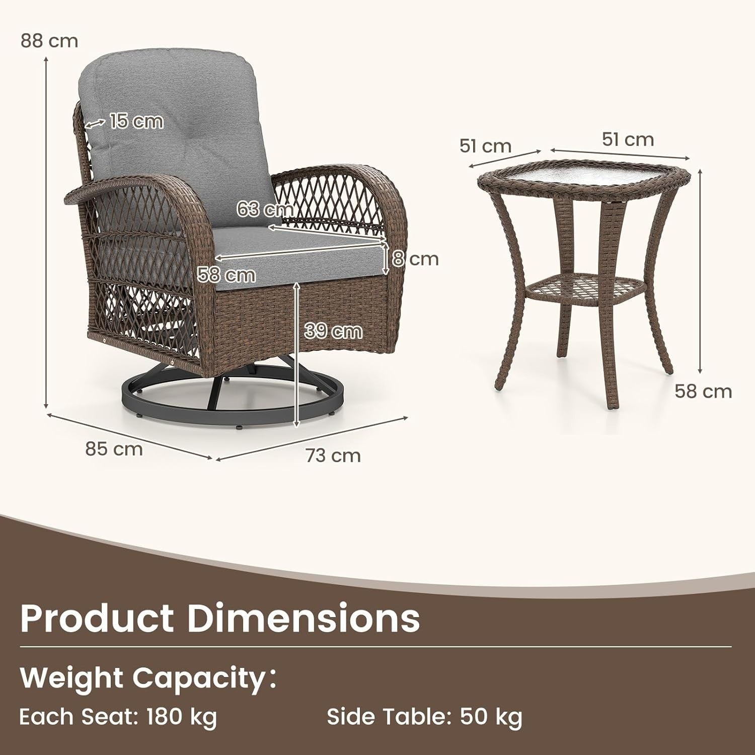 360° Swivel Rattan Patio Chairs Set w/Table Cushions Outdoor Garden