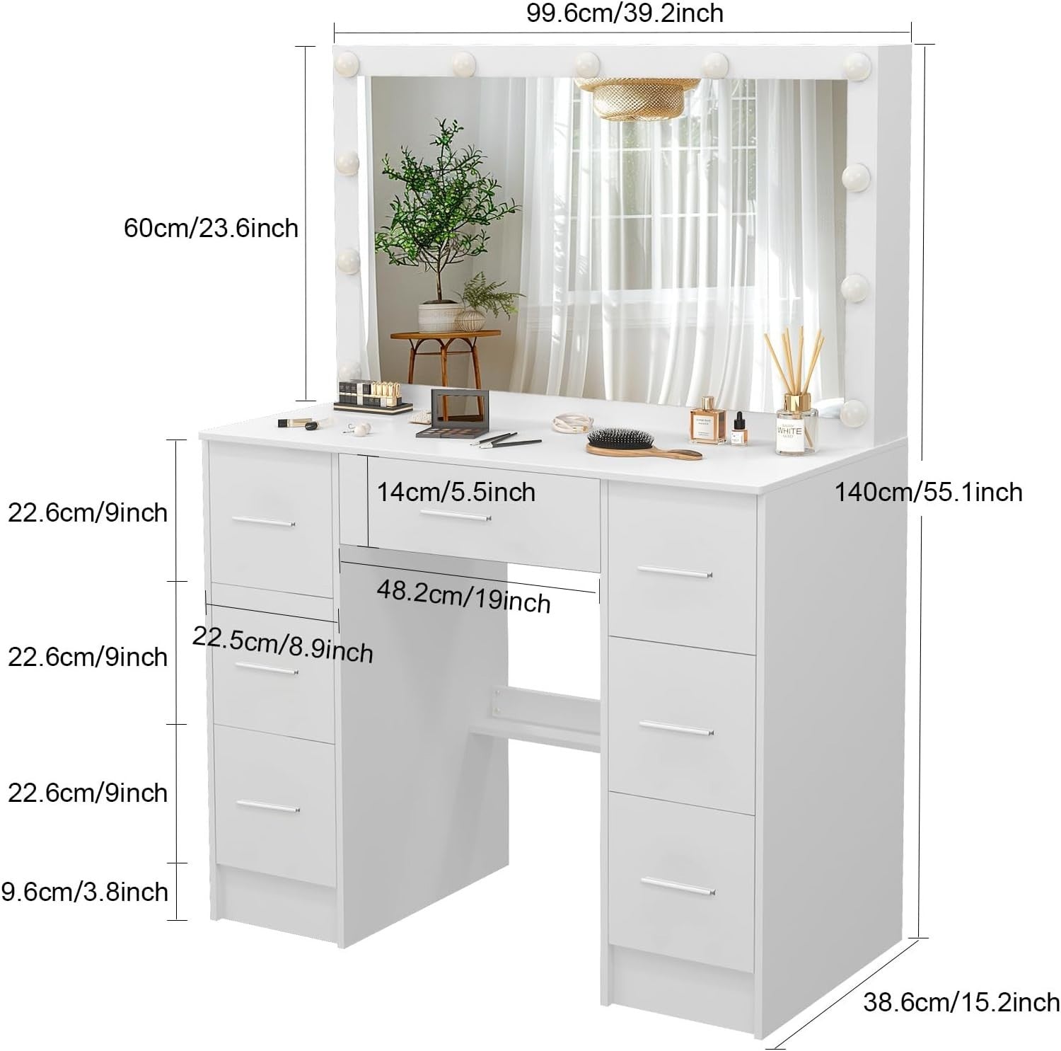 Vanity Makeup Dressing Table with 3-Color LED Mirror 7-Drawer Large White Storag