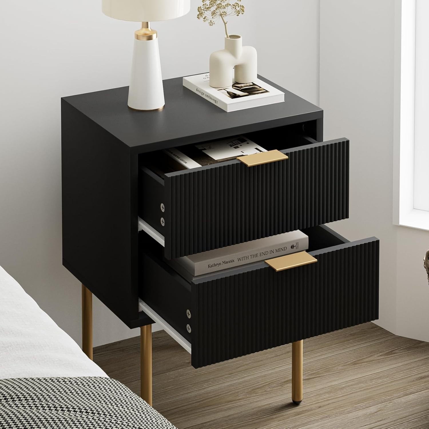 Modern Black Bedside Table with Gold Legs | 2 Drawer Nightstand