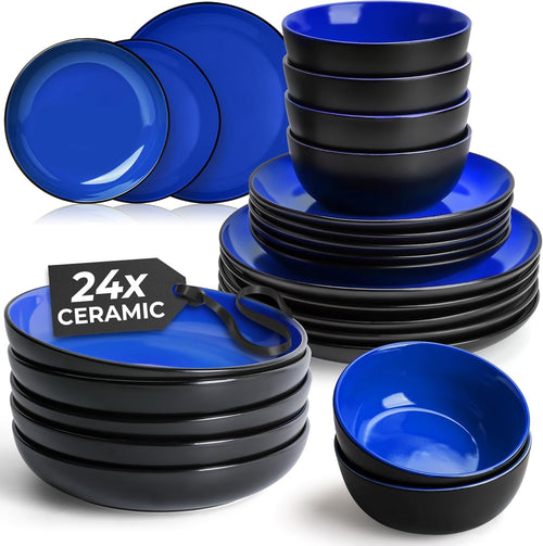 24pc Dinnerware Set Stoneware Plates Bowls Service for 6 Modern Blue