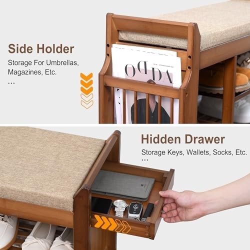 Bamboo Shoe Storage Bench 2 Tier with Cushion Drawer Side Holder Brown 39inch