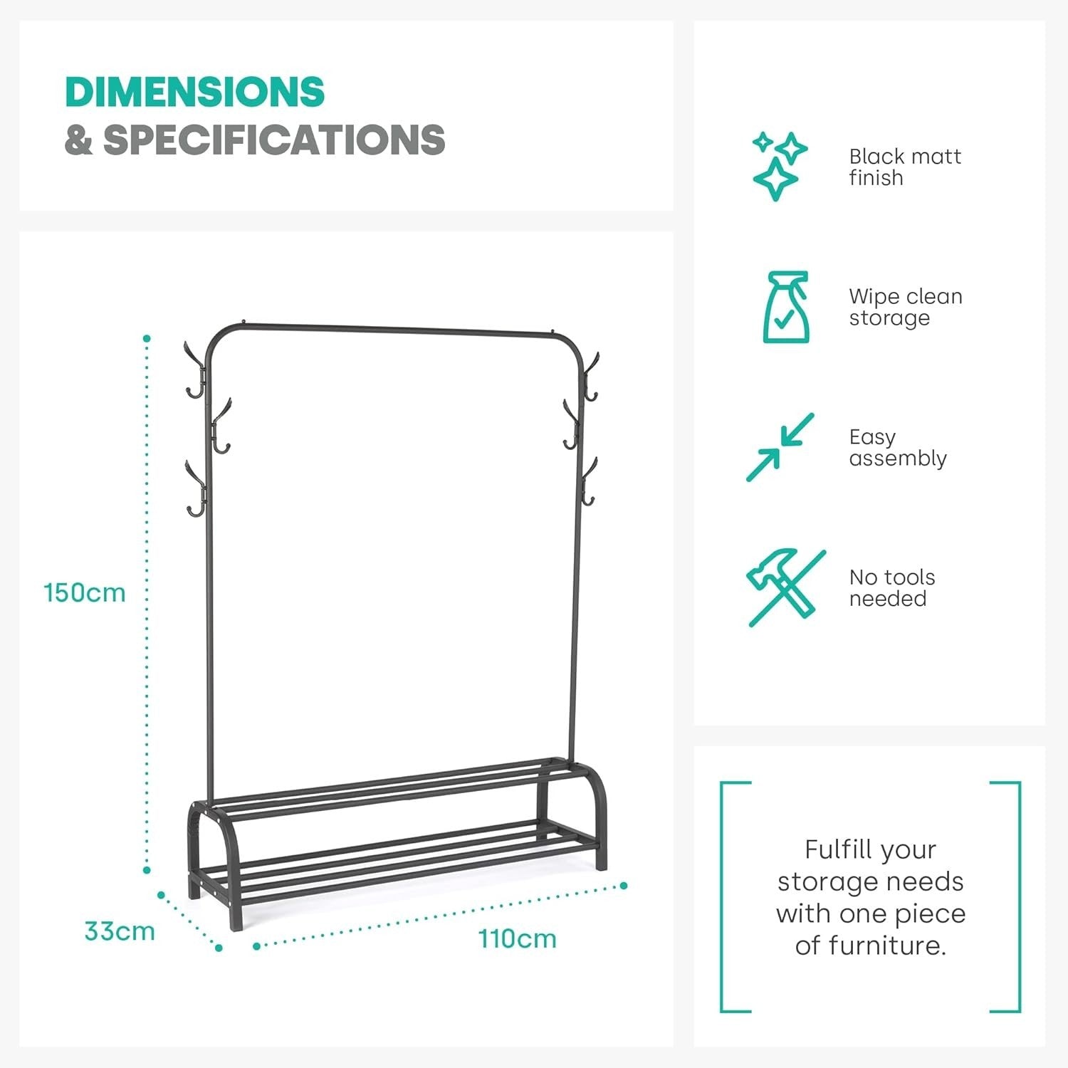 Heavy Duty Clothes Rail with 2-Tier Shoe Shelf – Black 150cm