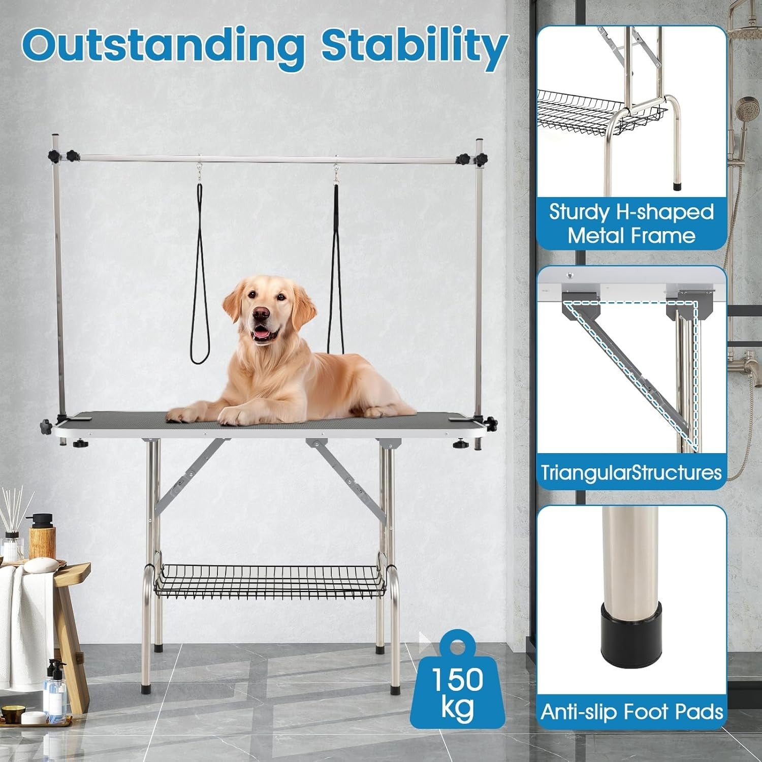 47" Dog Grooming Table Foldable Heavy Duty Adjustable Arm Non Slip Tray
