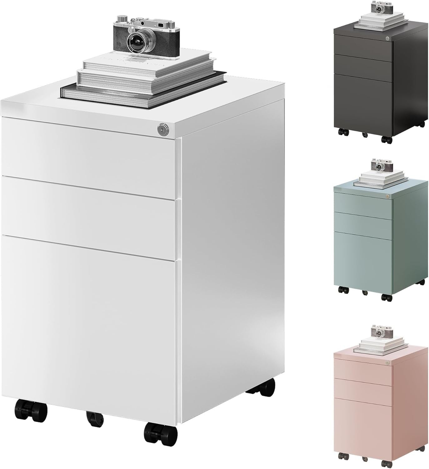 White Mobile Filing Cabinet 3 Drawer Lockable Under Desk Steel