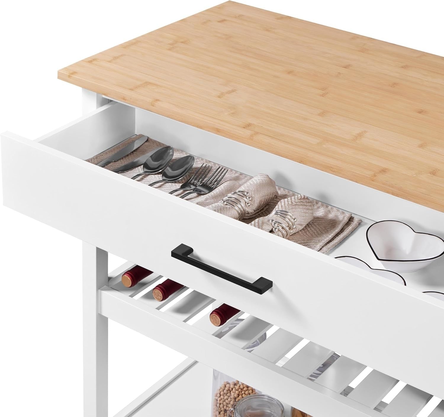 White Rolling Kitchen Island Trolley with Bamboo Worktop, Drawer & Shelves
