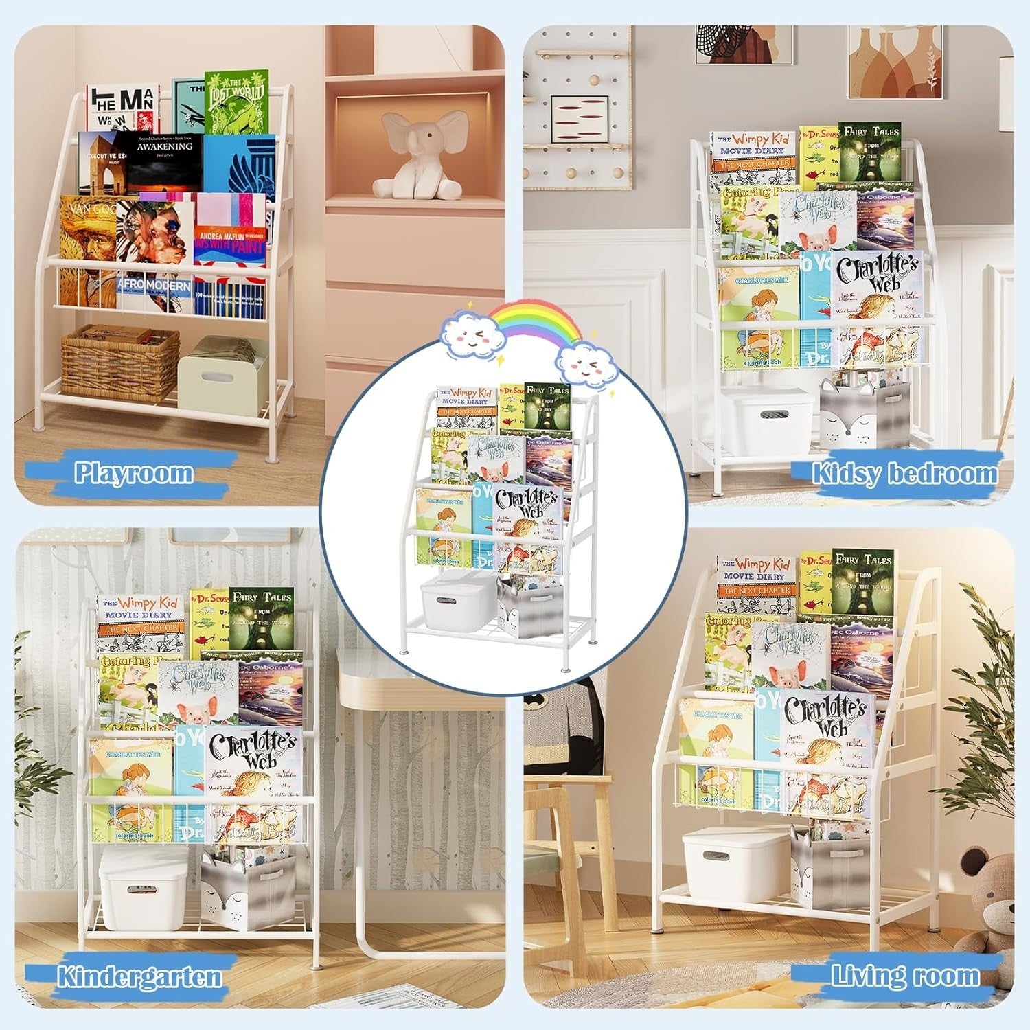 Kids Leaning Bookshelf & Toy Storage Rack – Durable Metal, Space Saving, White