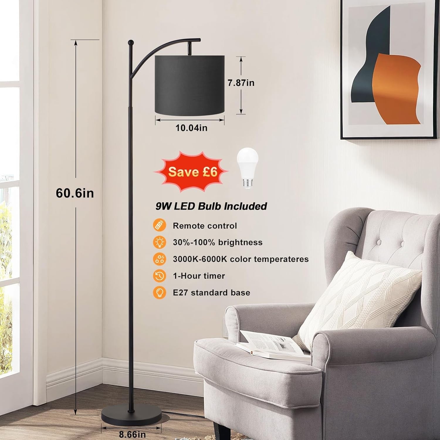 Black Arc Floor Lamp Dimmable LED Remote Control Modern Standing Light