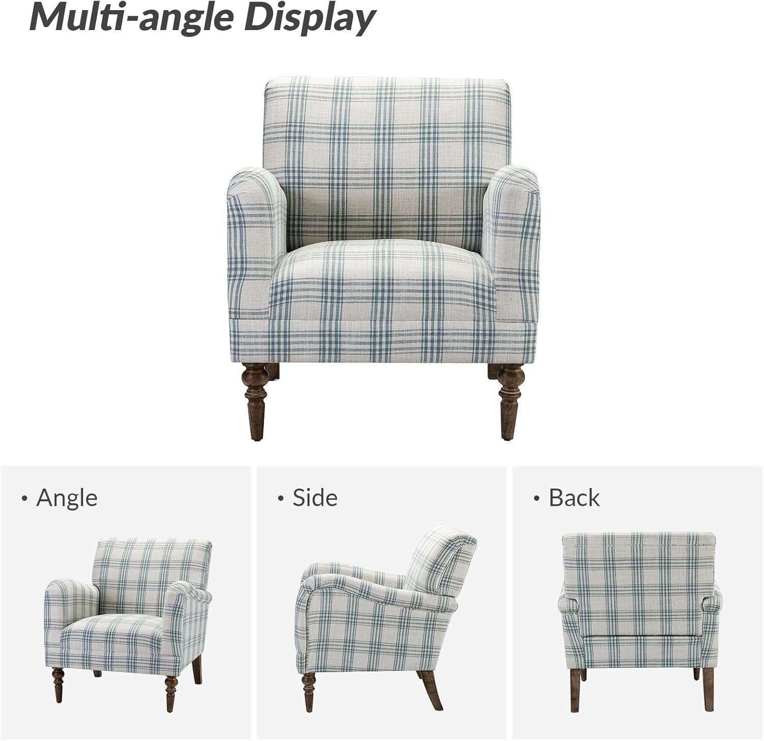 Blue Plaid Accent Chair Comfy Armchair Upholstered Seat Wood Legs Lounge