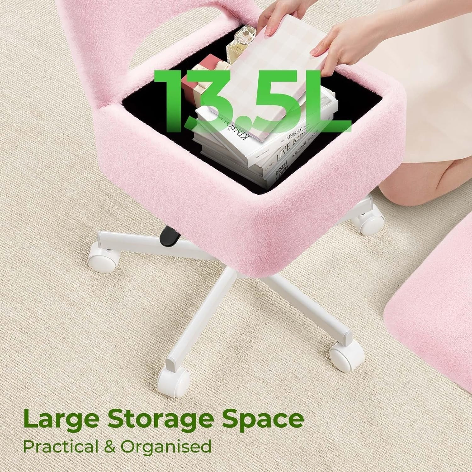 Pink Furry Vanity Chair Large with 13.5L Storage Swivel Adjustable Height