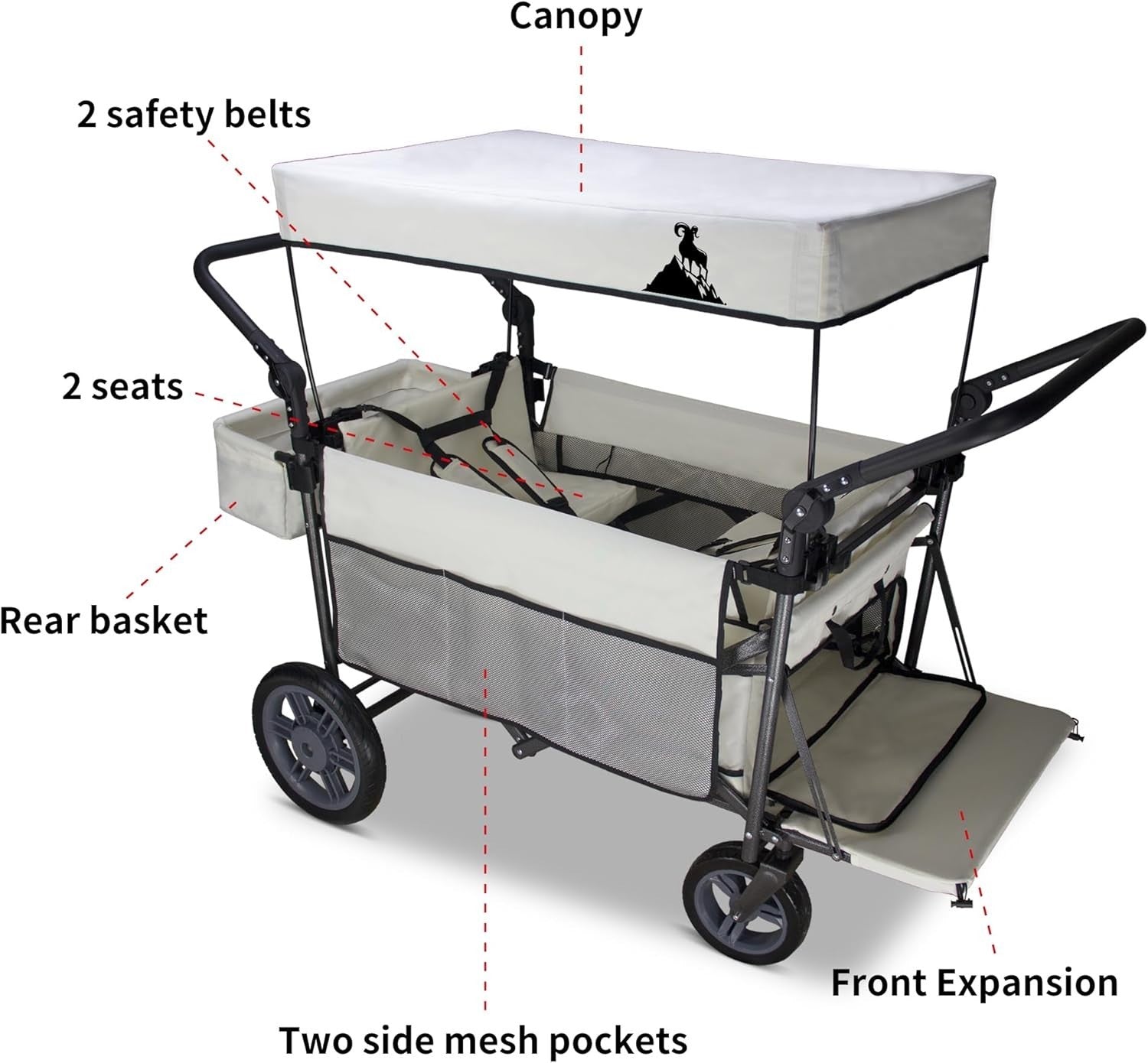 Beige Folding Wagon w/ Canopy 2 Seats Heavy Duty Collapsible Cart 120kg Outdoor