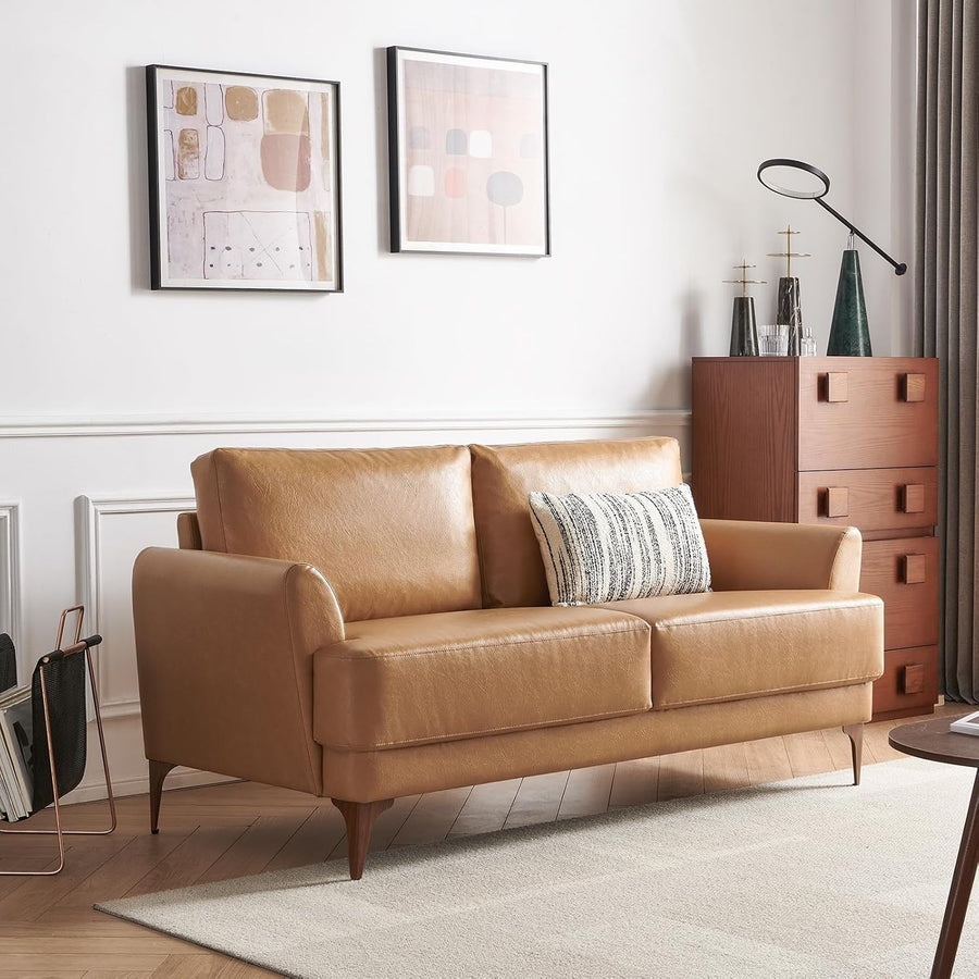 Leather Loveseat Sofa 2-3 Seater Tan Faux Leather Modern Couch for Lounge Office
