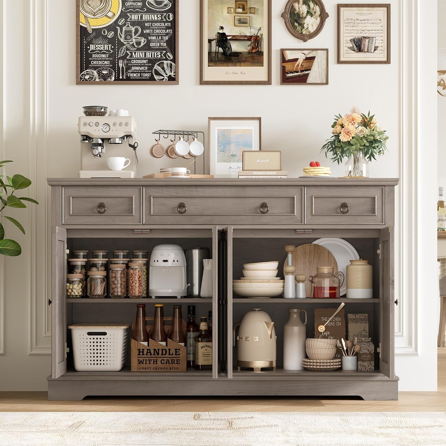 Grey Sideboard Cabinet 4 Door 3 Drawer Storage Unit for Dining Kitchen**