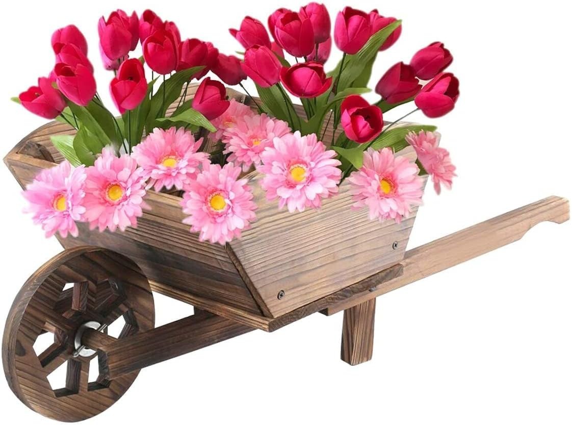 Wooden Wheelbarrow Planter – Rustic Garden Decor w/ Rotating Wheel Heavy Duty