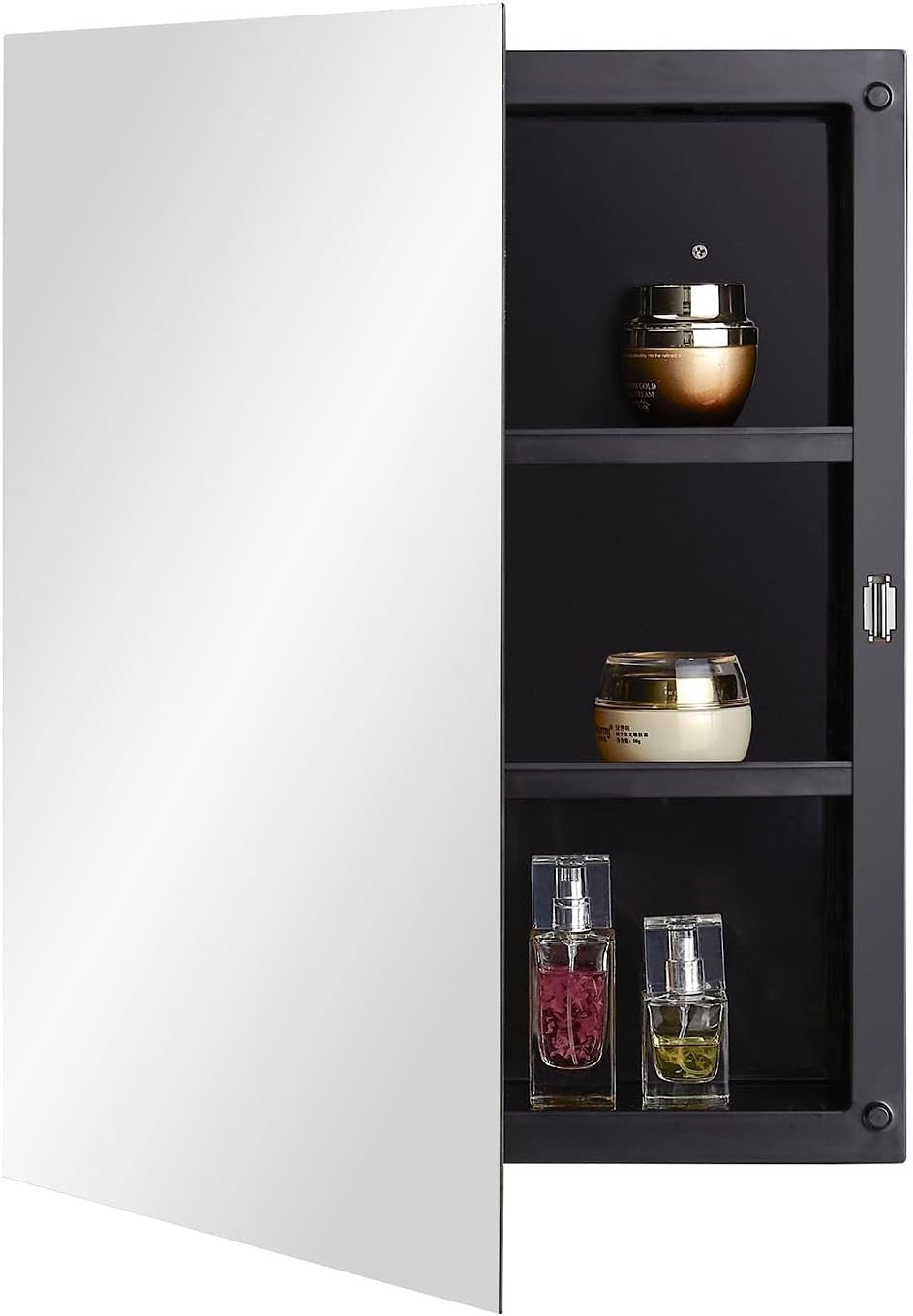 Wall-Mount Black Plastic Mirror Cabinet with Polished Edge & Adjustable Shelves