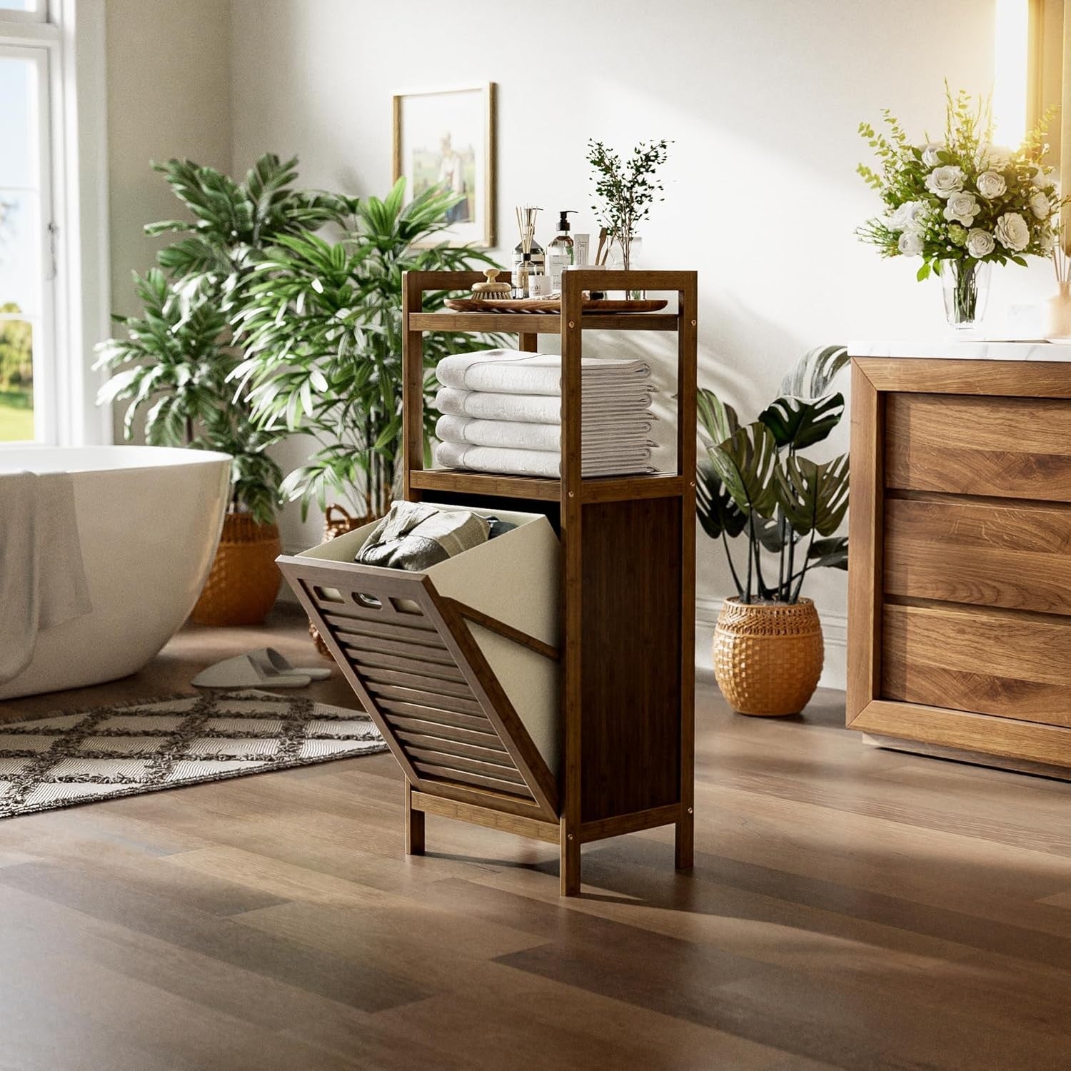 Bamboo Tilt Out Laundry Hamper Cabinet with Shelves Storage Unit Walnut