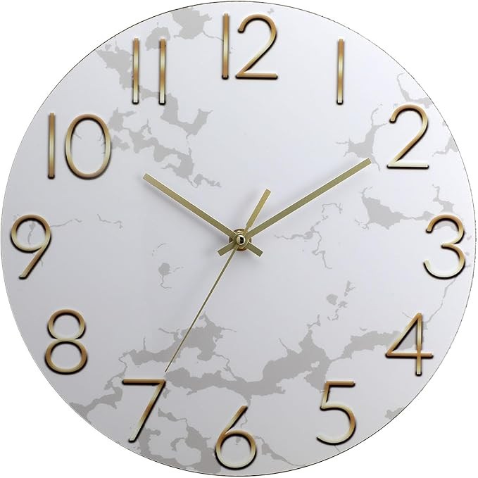 Modern 12 Inch Gold Wall Clock Silent Non-Ticking Luxury Marble Effect Decor