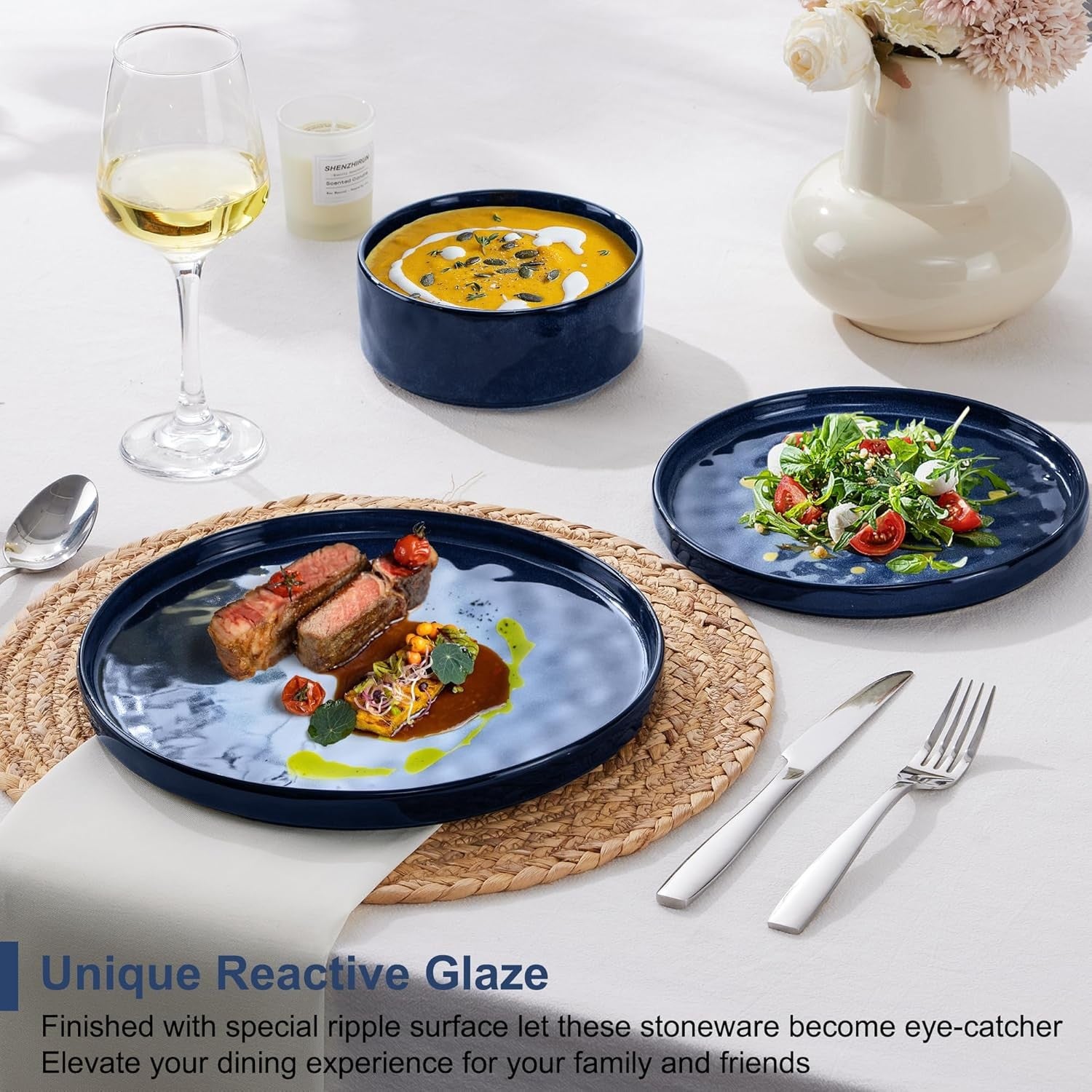 12 Piece Stoneware Dinner Set Plates Bowls Glaze Dishwasher Safe