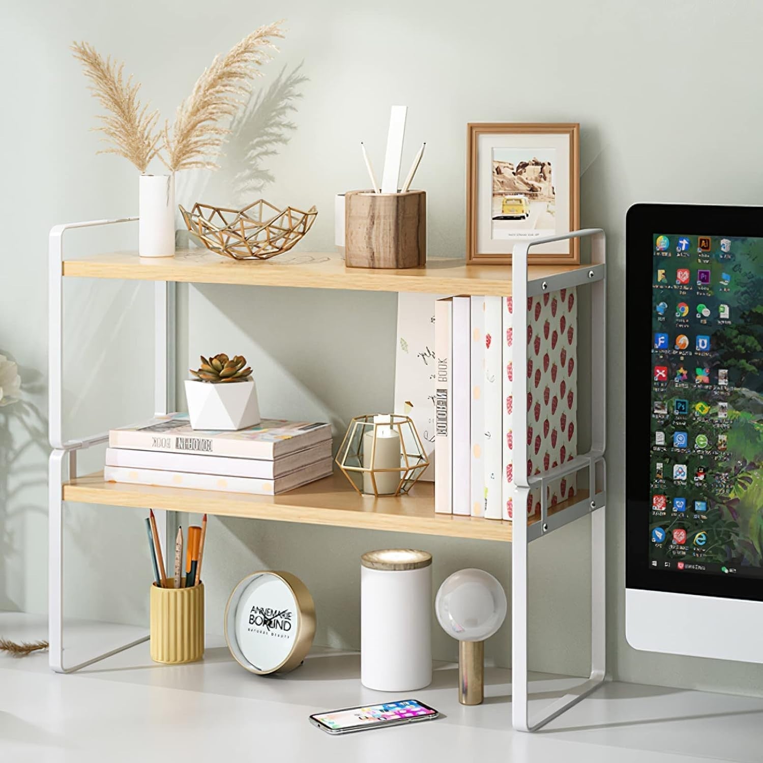 Adjustable Wood Desk Shelf – 2-Tier Office Organizer Rack for Supplies & Decor