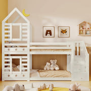 Kids Bunk Bed w/ Storage, Ladder, House Design, Twin Over Twin White