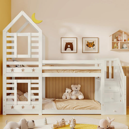 Kids Bunk Bed w/ Storage, Ladder, House Design, Twin Over Twin White