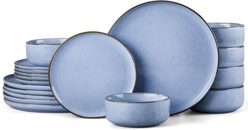 18pc Stoneware Dinner Set for 6 Blue Plates Bowls Microwave Safe