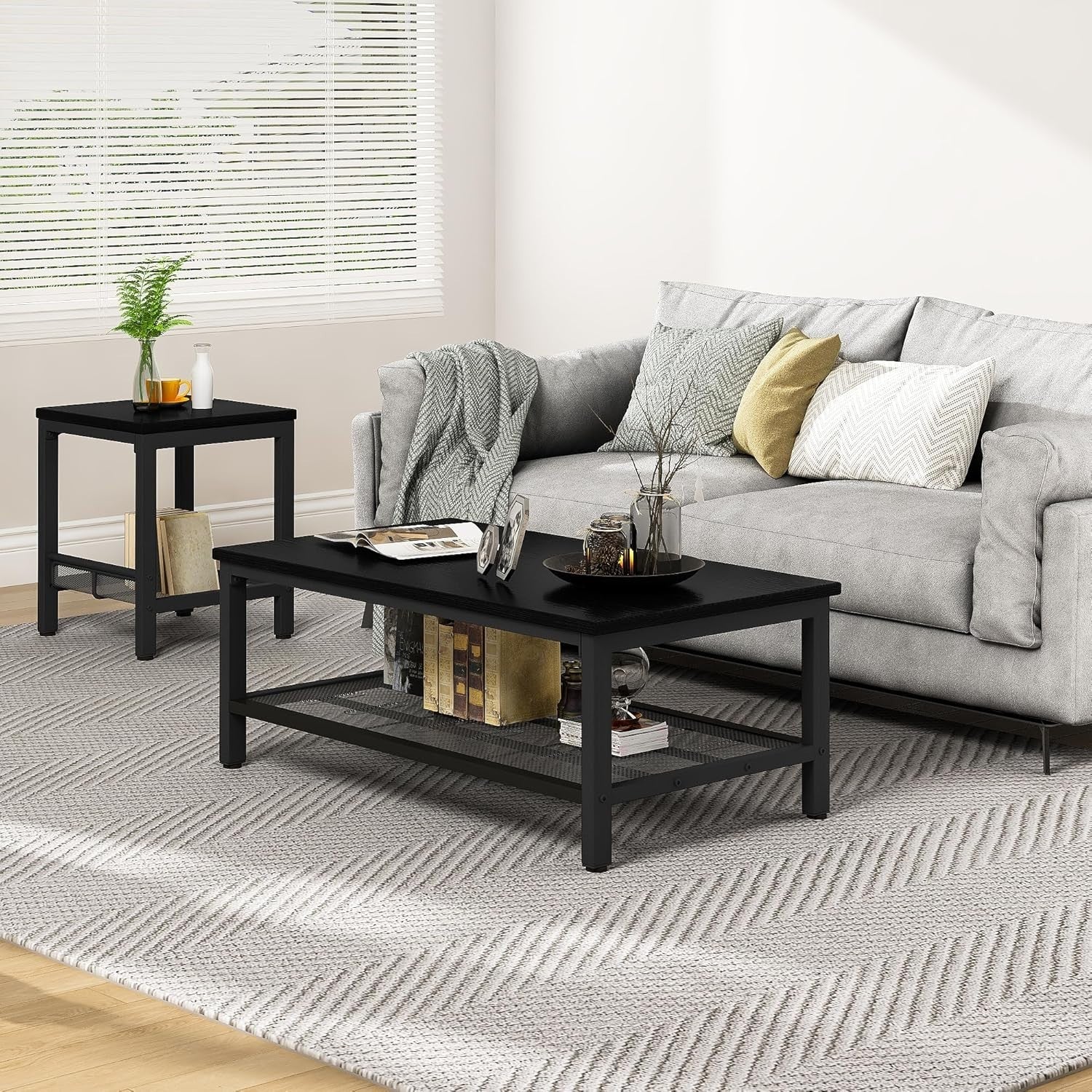 3-Piece Black Industrial Coffee Table Set – Metal Frame, Wood Top, Storage