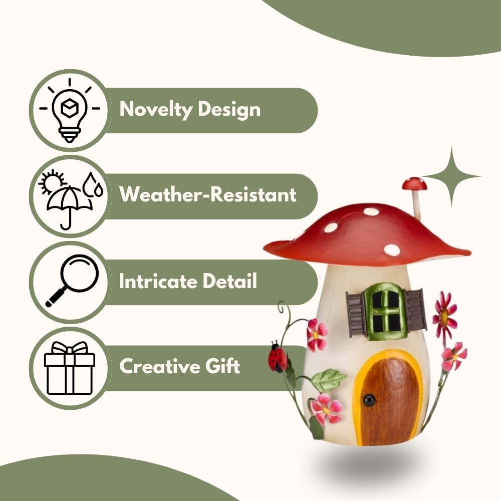 Mushroom Fairy House Garden Ornament Metal Hand-Painted Weatherproof 29cm Decor
