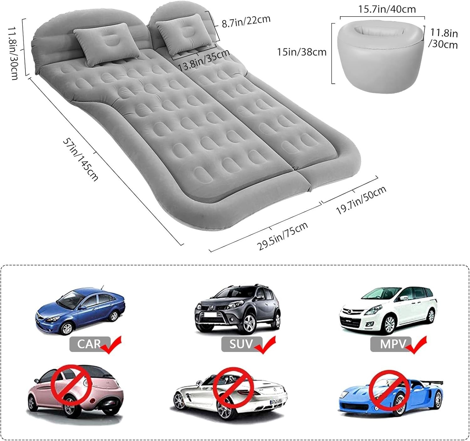 SUV Air Mattress Inflatable Car Bed w/ Pillows & Pump, Grey 175x125x12cm