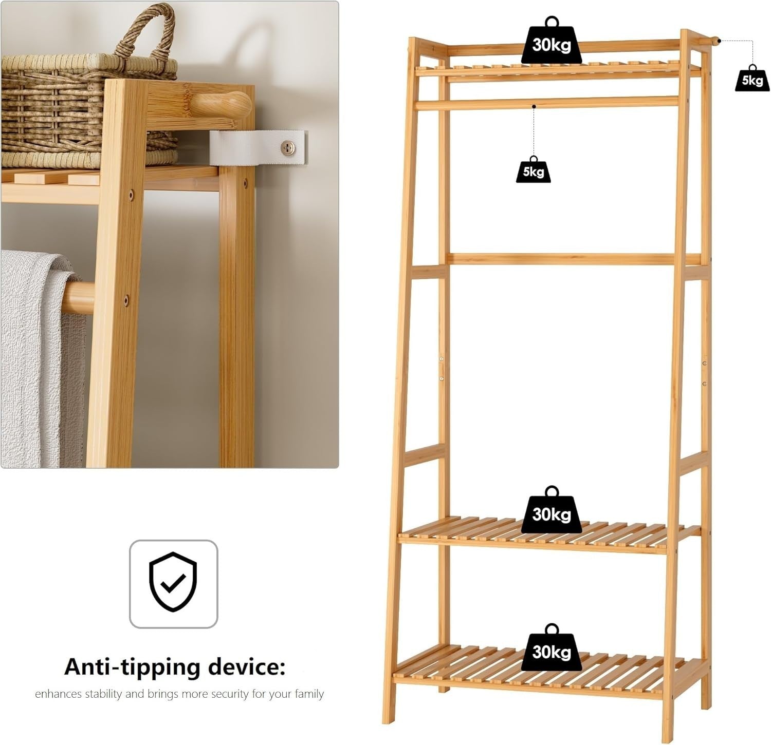 Bamboo Clothes Rack with Shelves & Hooks, Open Wardrobe Storage Stand
