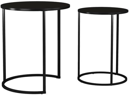 2pc Round Nesting Coffee Table Set Black Glass Top Steel Base Modern Side End
