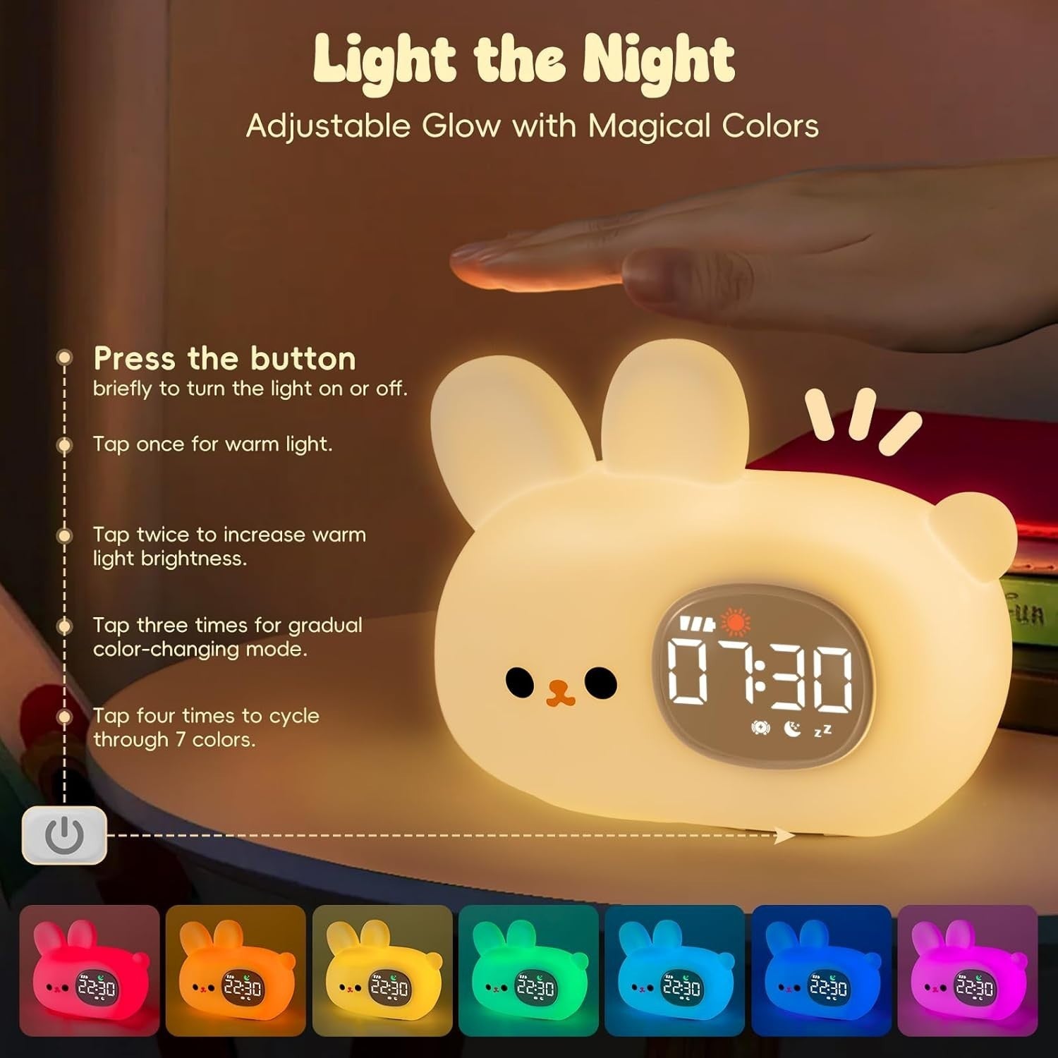 Kids Rabbit Alarm Clock with Night Light, Sleep Training & White Noise