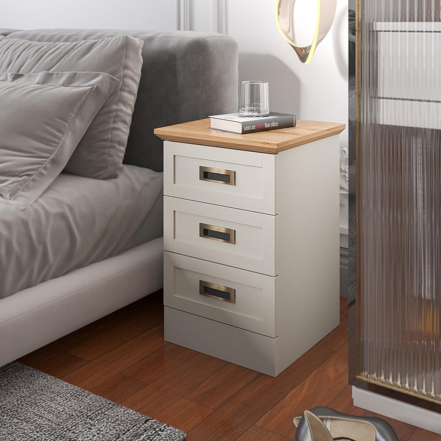 Light Grey & Oak 3 Drawer Bedside Table | Modern Bedroom Storage Cabinet