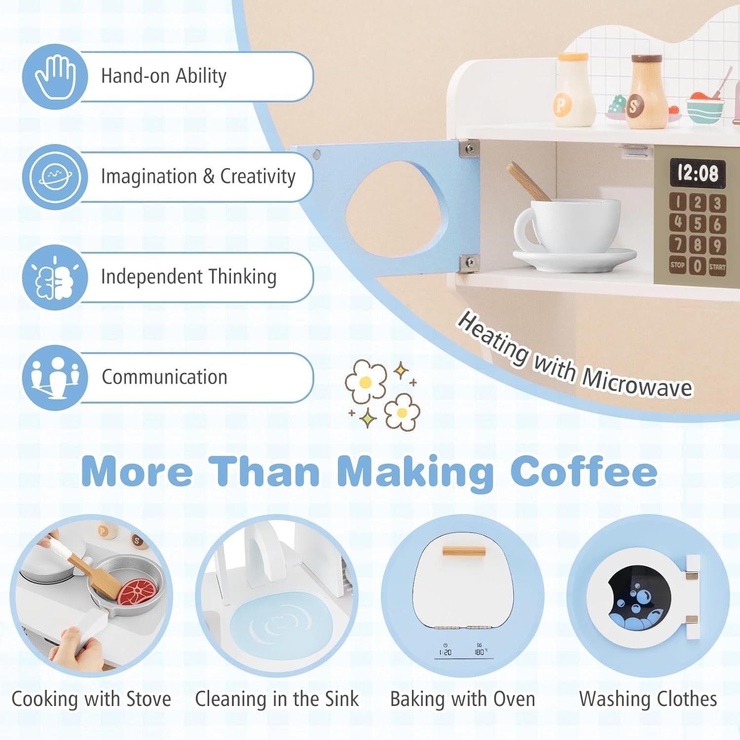 Kids Wooden Play Kitchen w/ Coffee Maker Microwave Blue Toy