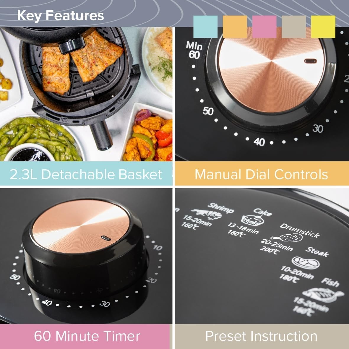 Small Air Fryer 2.3L | Compact 1–2 Person Cooker, Non-Stick, Timer