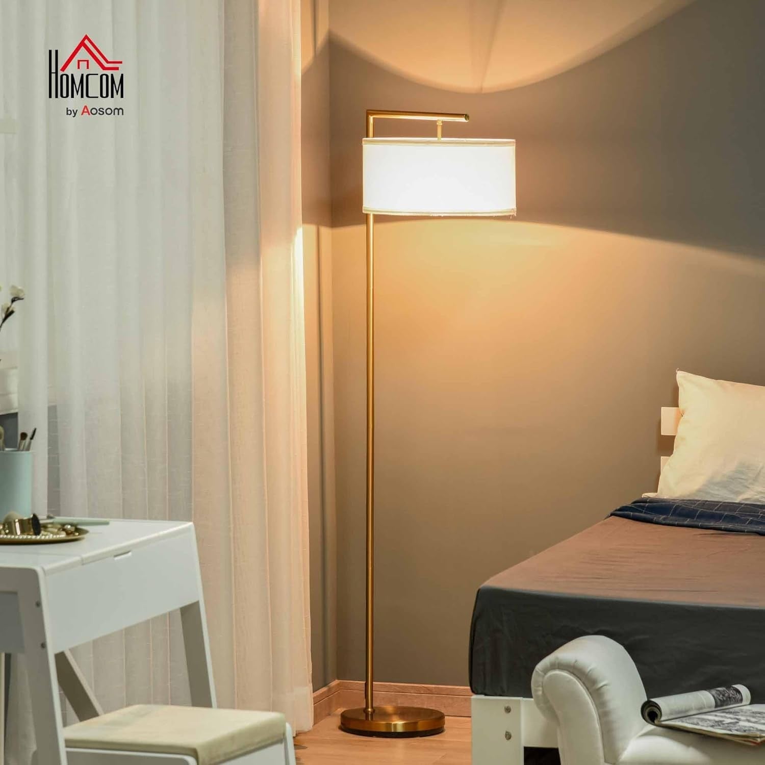 Modern Floor Lamp Linen Shade Gold Standing Light for Living Room Bedroom