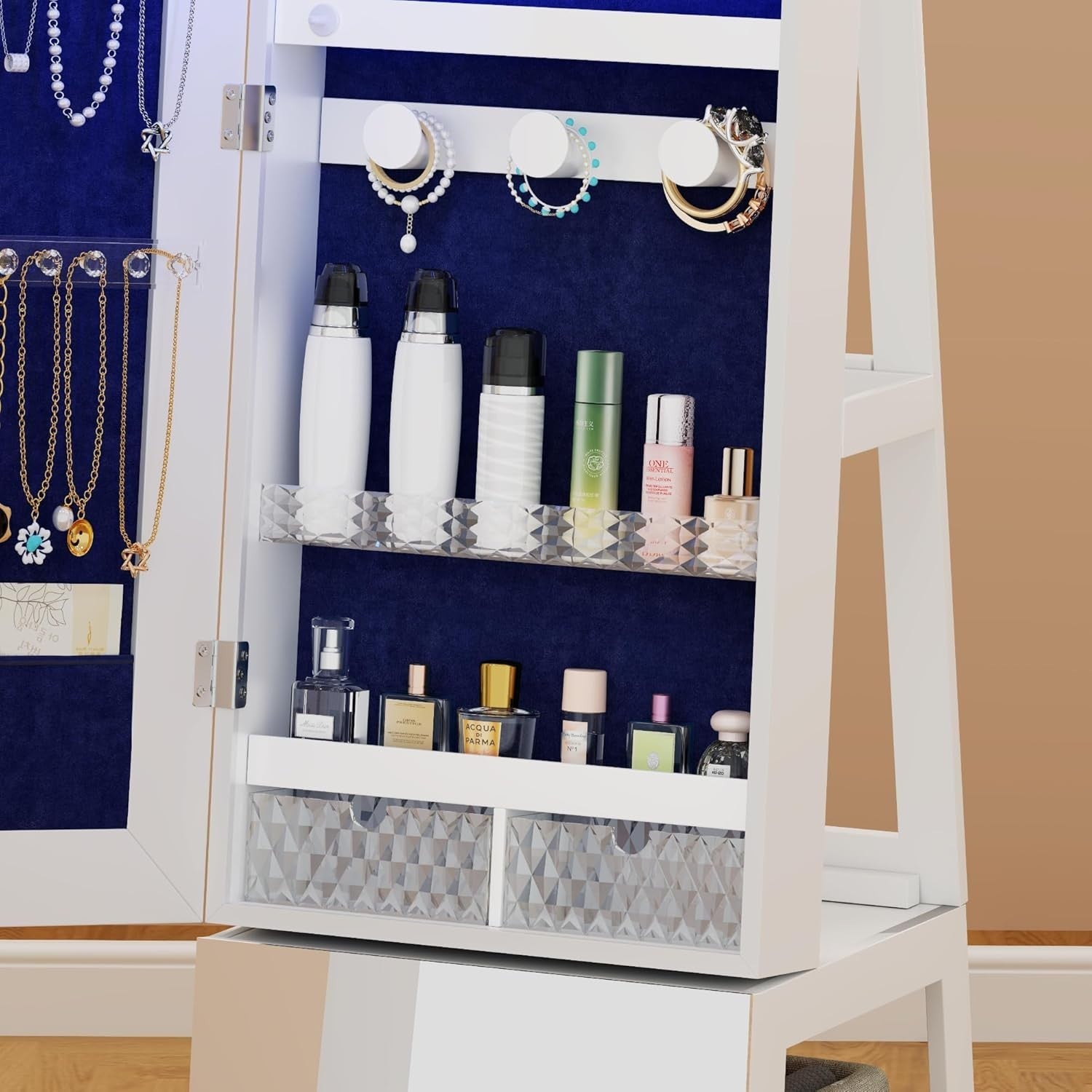 360° Swivel Jewelry Armoire Full Length Mirror LED Storage Cabinet White
