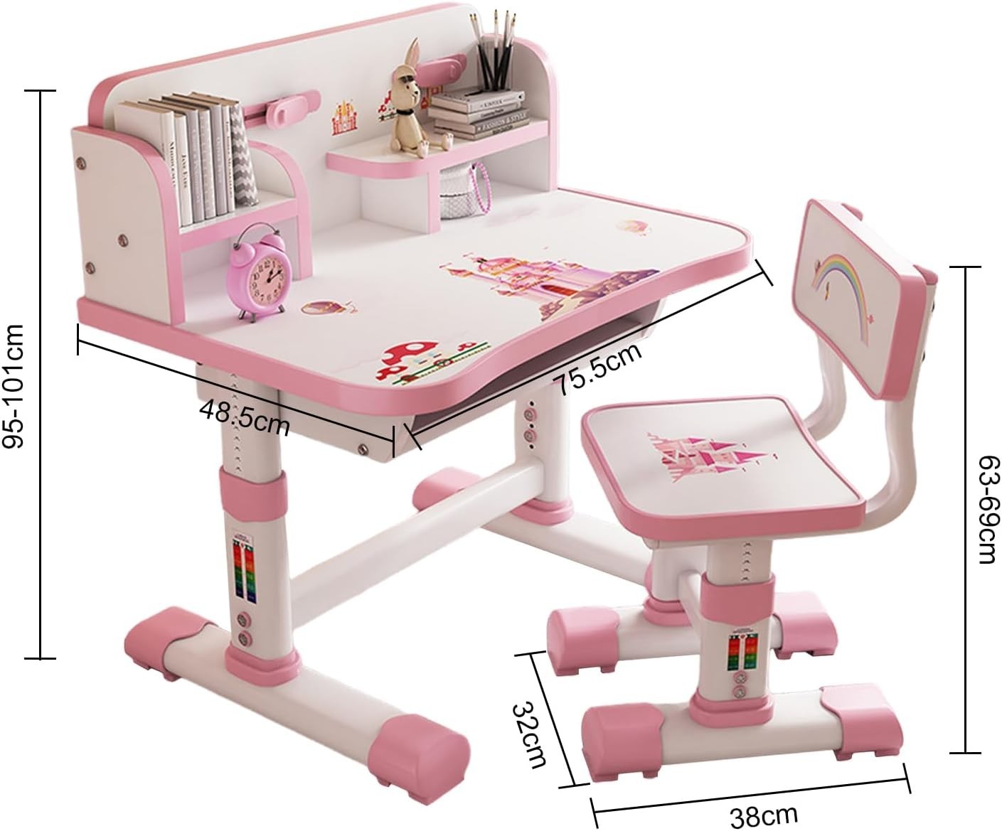 Adjustable Kids Study Table & Chair Set with Storage Drawer & Hooks Pink