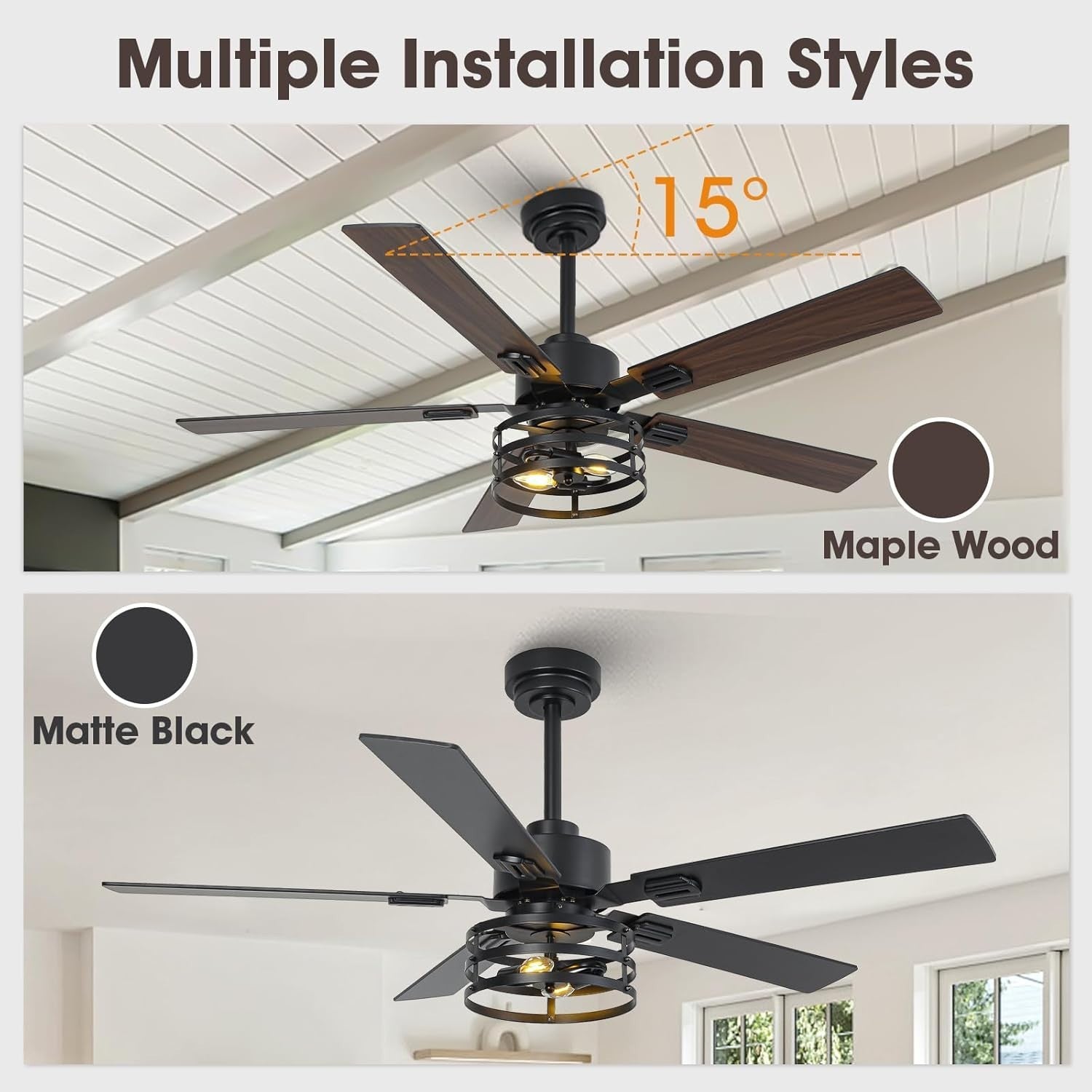 Vaczon 52" Farmhouse Ceiling Fan with Light, Black, 6-Speed, Remote, LED