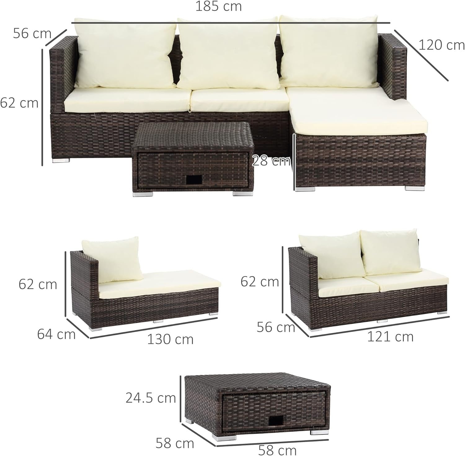 4-Seater Rattan Garden Sofa Set Reclining Lounger Storage Table Outdoor Patio