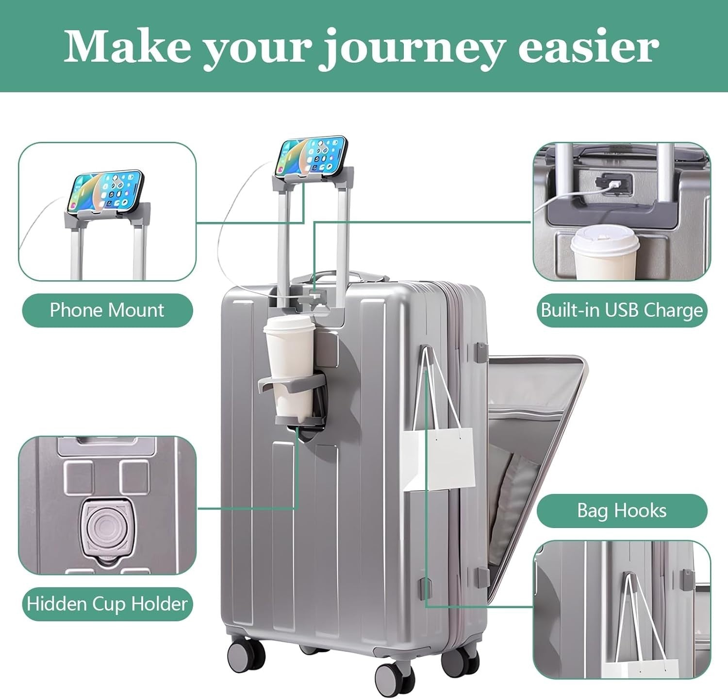 Silver 20” Cabin Suitcase Hard Shell USB Charge Spinner Wheels