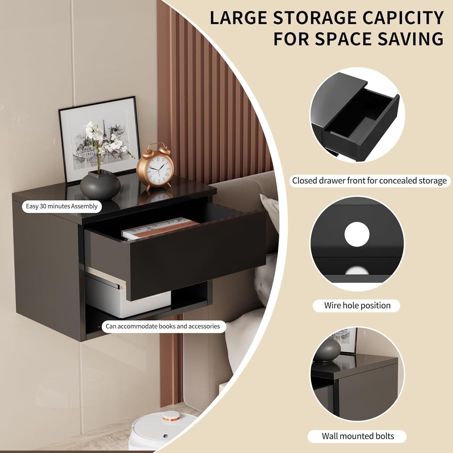 Modern Floating Bedside Tables Set of 2 – Wall Mounted Drawers & Shelves