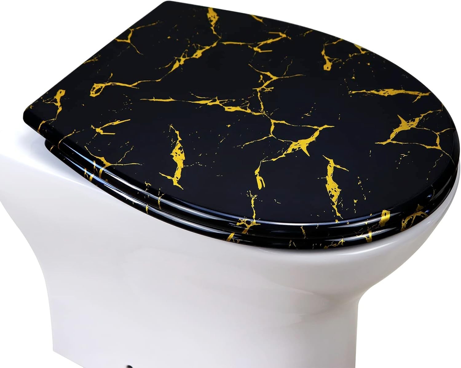 Black Toilet Seat Soft Close Quick Release Gold Glitter Duroplast 45x37cm
