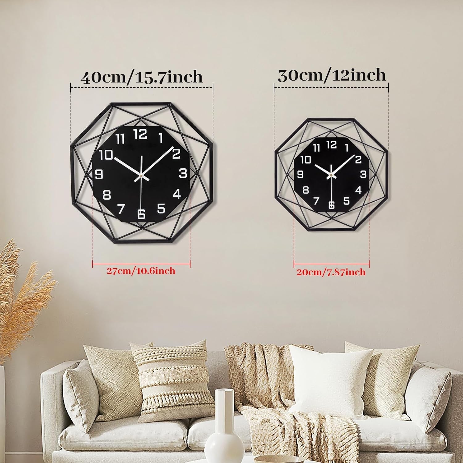 Modern Metal Wall Clock 30cm Silent Non-Ticking Black Geometric Home Decor