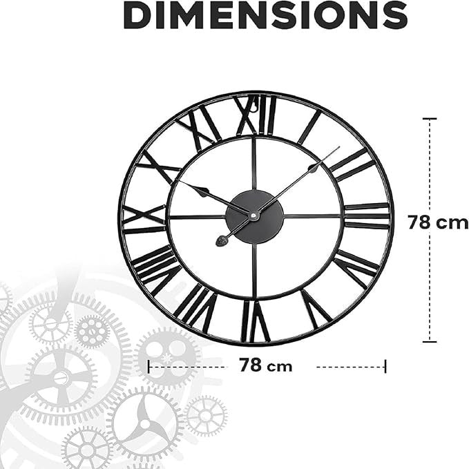 Extra Large 78cm Metal Roman Numeral Wall Clock Silent Open Face Vintage Black