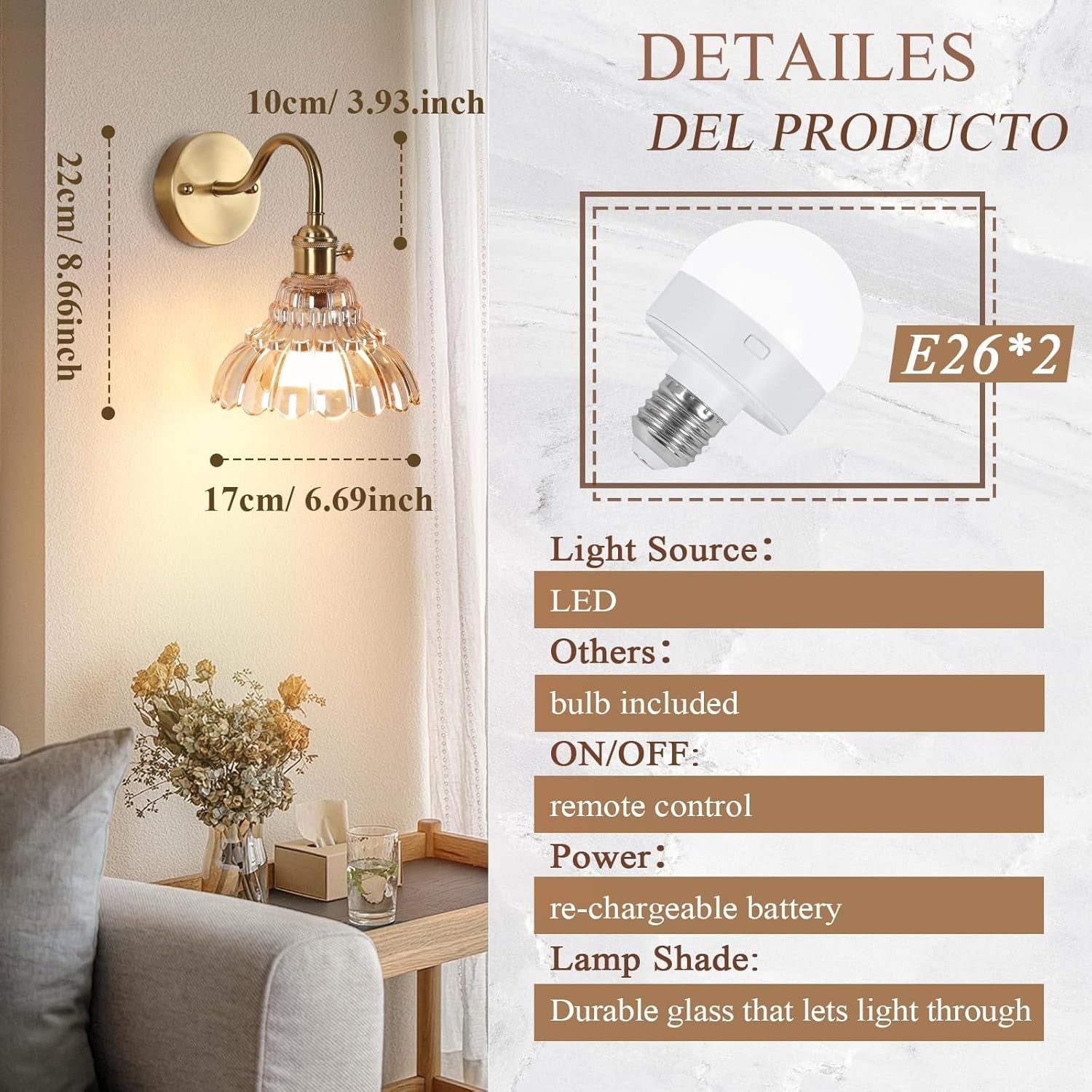 Rechargeable Vintage Wall Lights Amber Glass Dimmable Remote 2-Pack